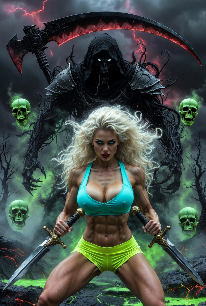 Blonde Warrior Facing Shadow Reaper in Hellscape