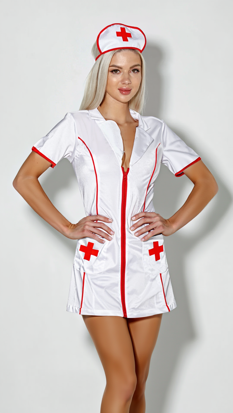 Playful Nurse Fantasy in Classic White and Red Outfit