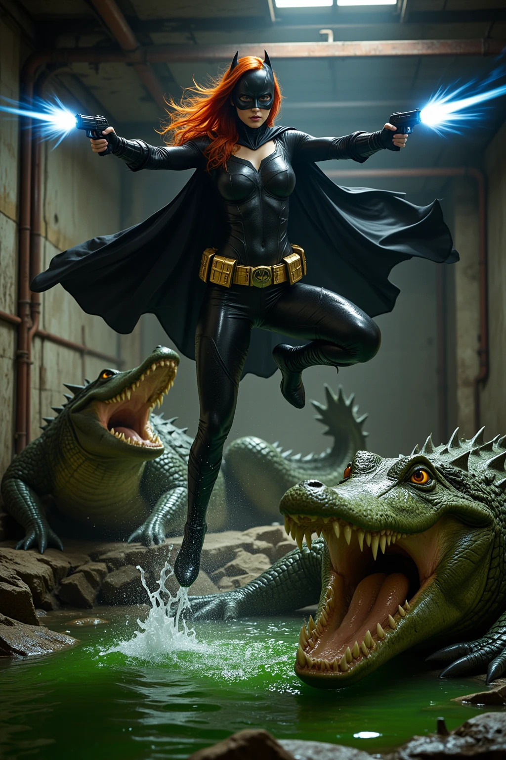 Redhead Batgirl vs Giant Sewer Crocodiles
