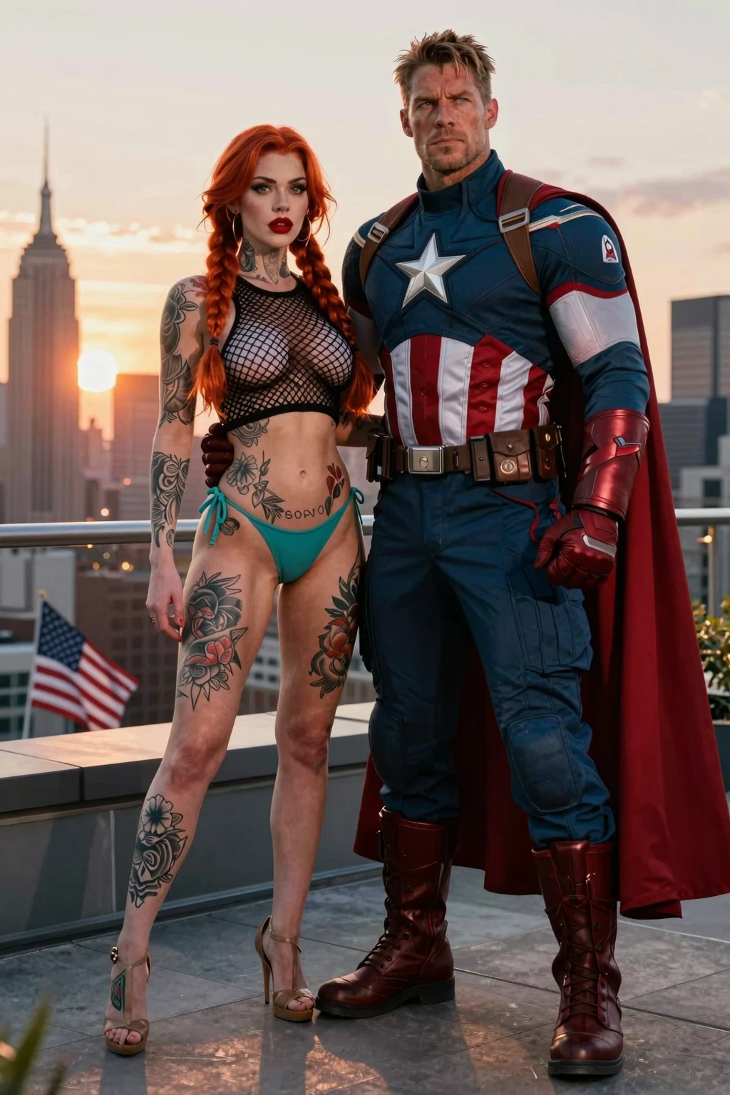 Redhead and Captain America Rooftop Duo
