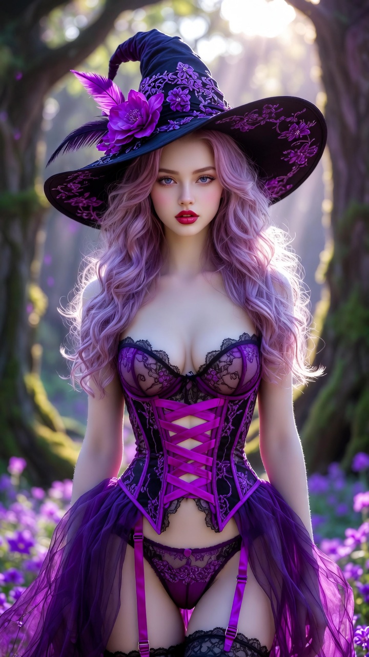 Enchanted Purple Witch in Lace Corset Magical Forest Fantasy Series