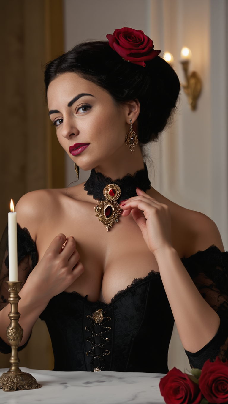 Black Rose Elegance: Victorian Muse in Candlelit Ballroom
