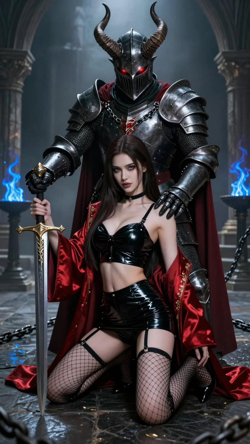 Kneeling Beauty with Horned Dark Knight