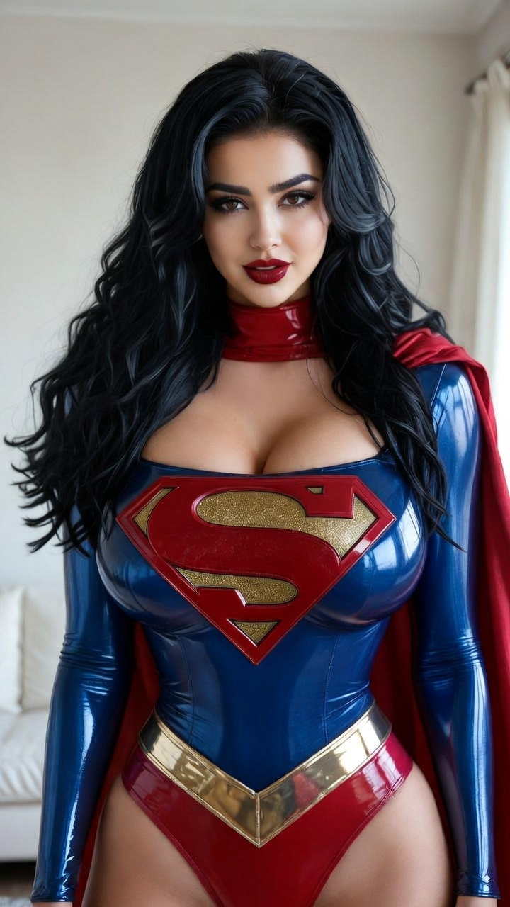 Sultry Voluptuous Woman in Classic Superman Costume