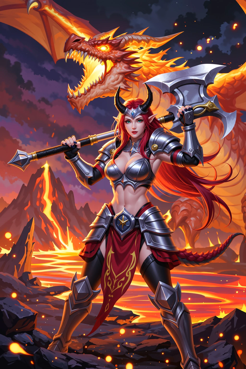 Horned Redhead Elf Warrior in Lava Realm