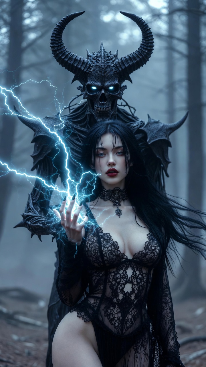Dark Sorceress Commanding Lightning with Demonic Guardian