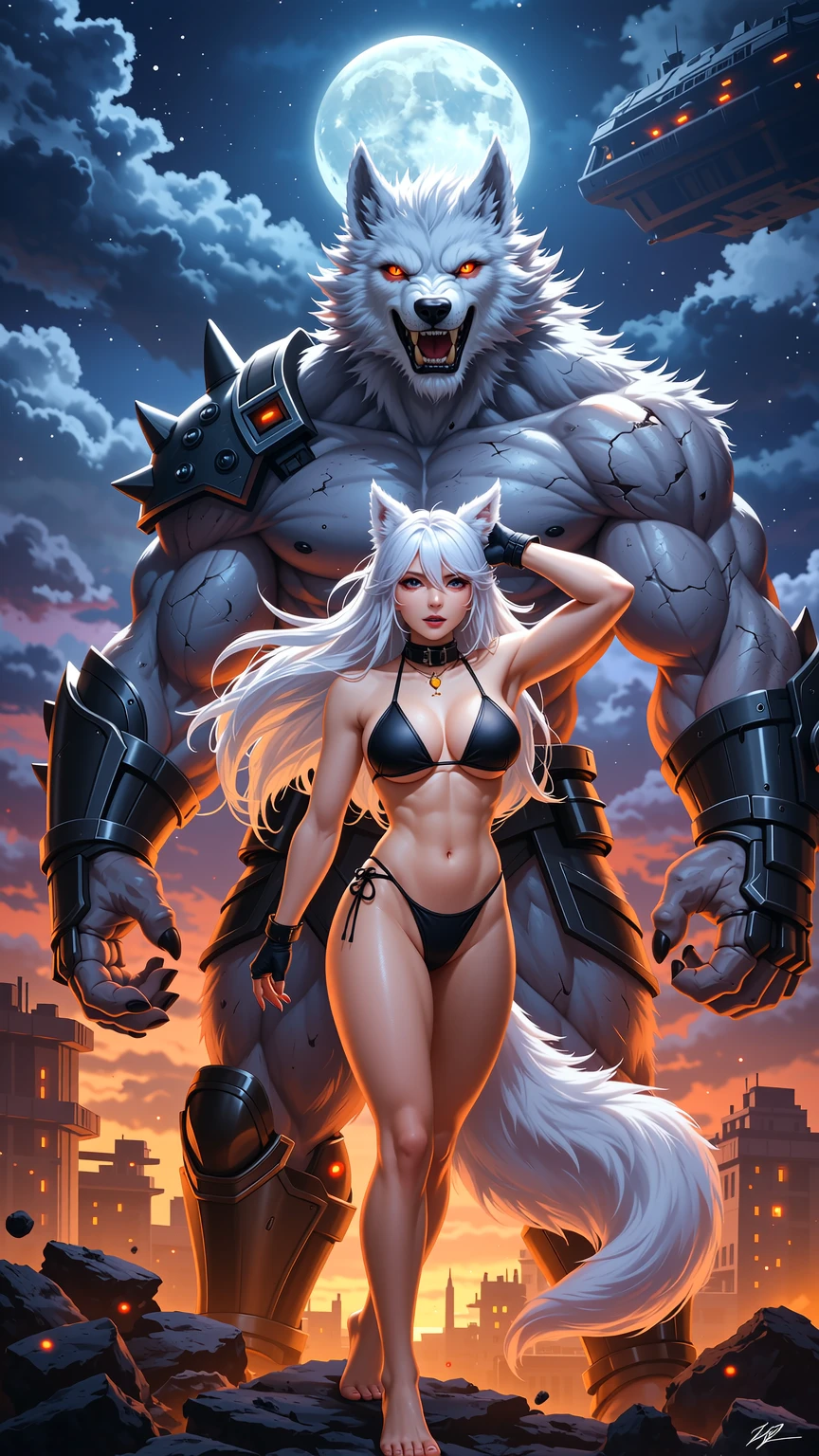 Moonlit Wolf Girl and Stone Beast Apocalypse