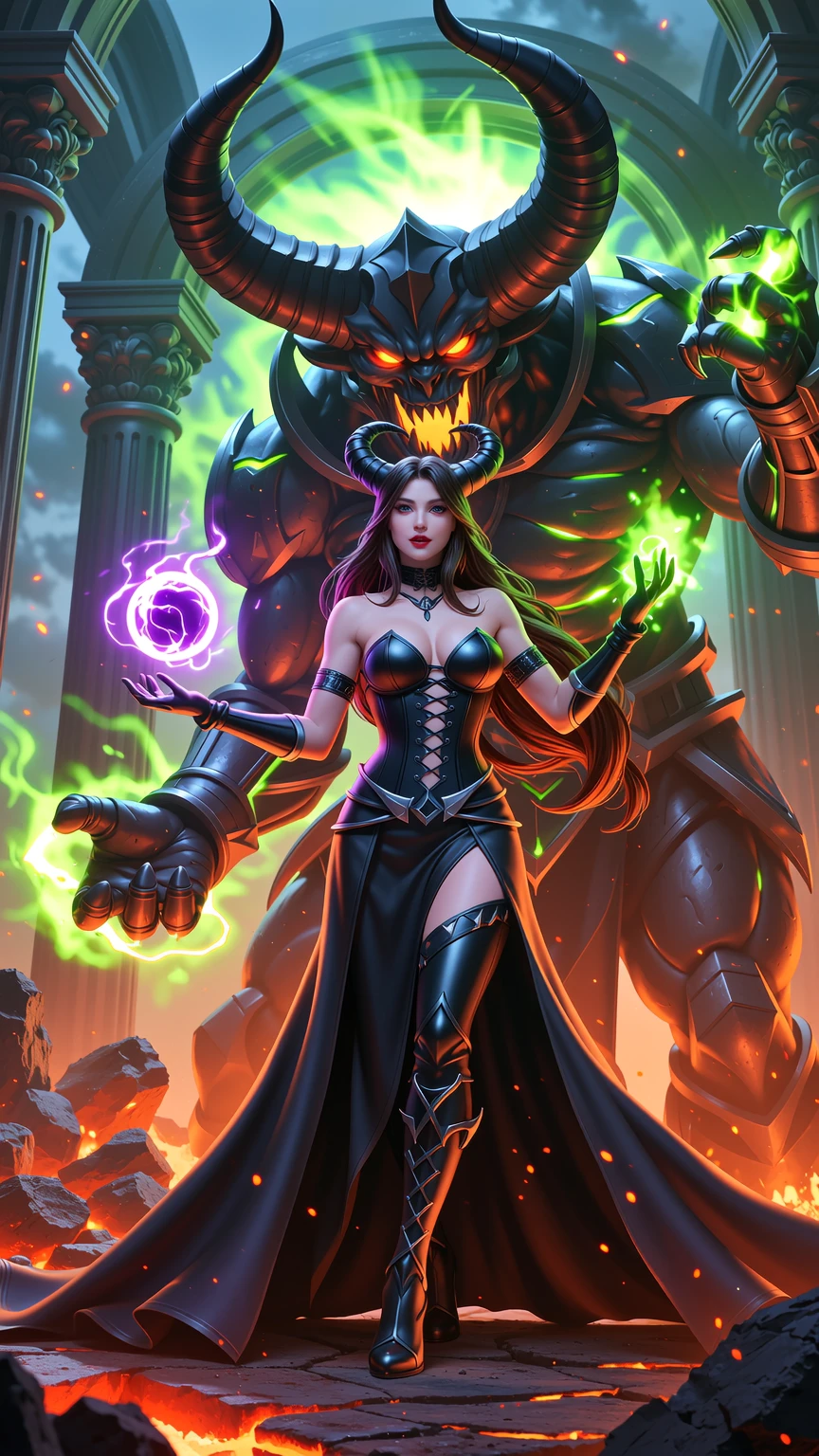 Sorceress Wielding Chaos Before Infernal Colossus