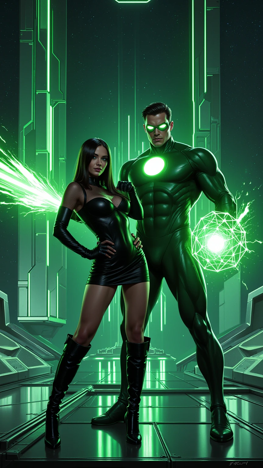 Neon Guardian and Seductive Muse in Sci-Fi Realm