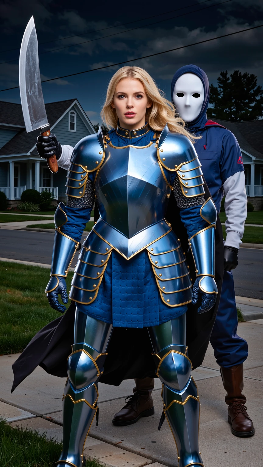 Blonde Knight Confronts Michael Myers in Suburbia