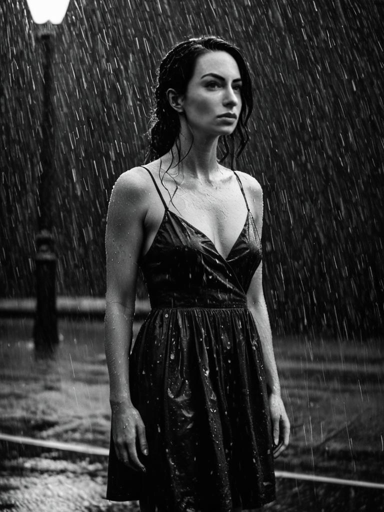 Brunette Drenched in Black Dress: Moody Rainy Night Portrait