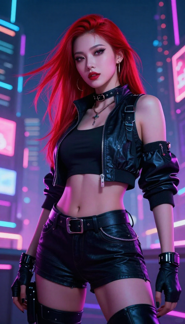 Neon Cyberpunk Femme Fatale in Futuristic City Nights