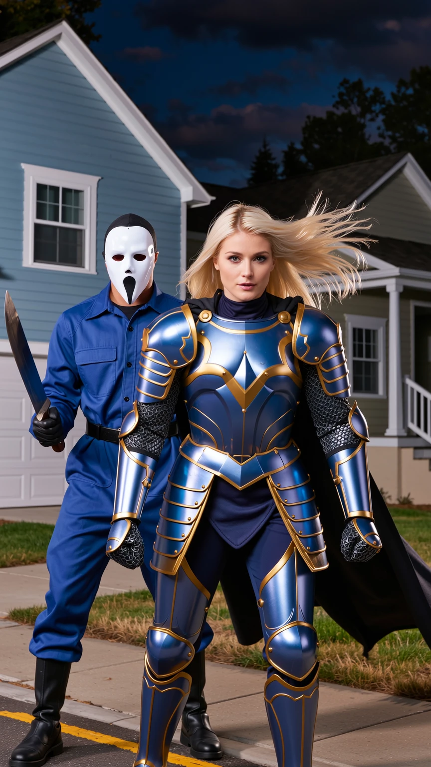 Blonde Knight Confronts Michael Myers in Suburbia