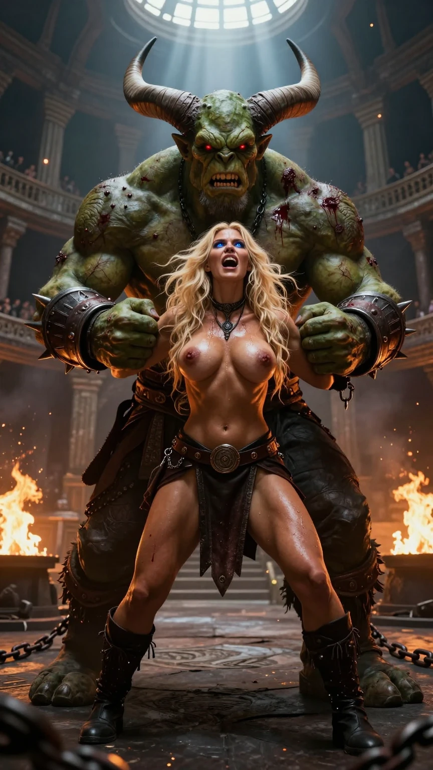Horned Orc Restrains Screaming Blonde Warrior