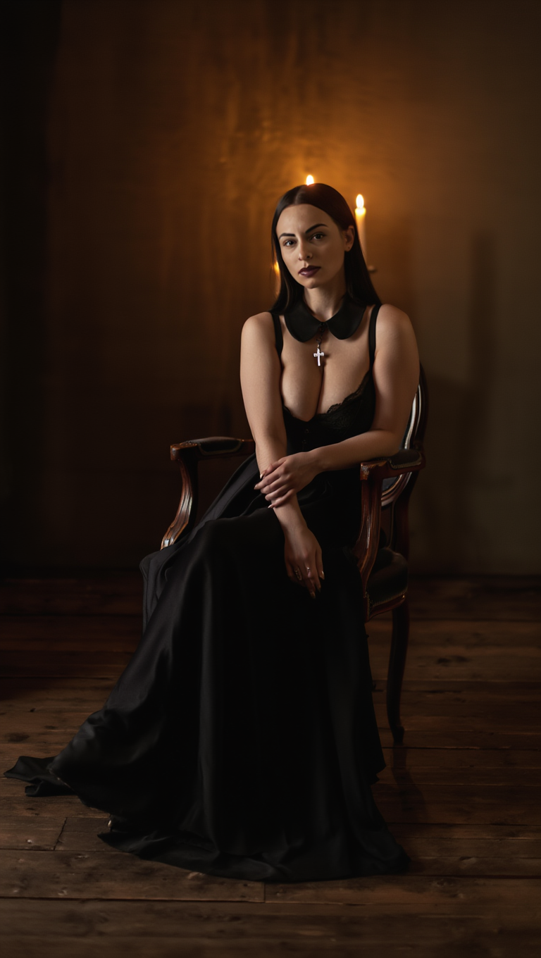 Dark Chapel Reverie: Brunette Muse in Candlelit Gothic Elegance