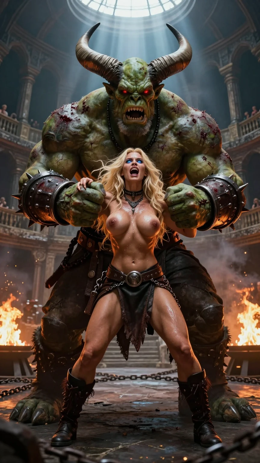 Horned Orc Restrains Screaming Blonde Warrior