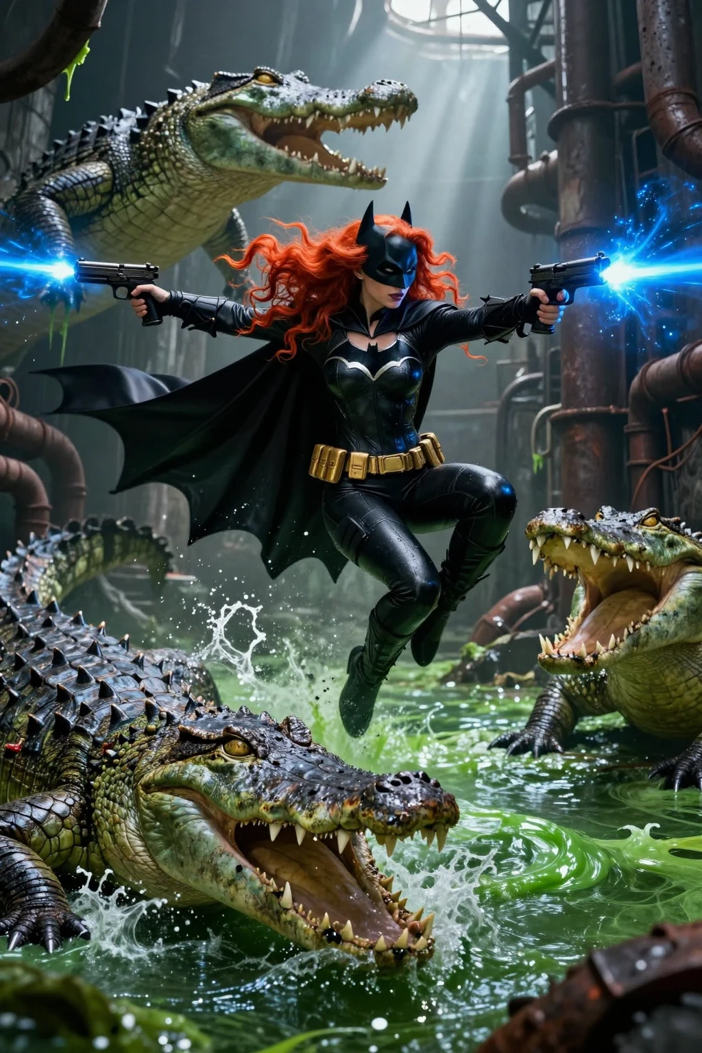 Redhead Batgirl vs Giant Sewer Crocodiles