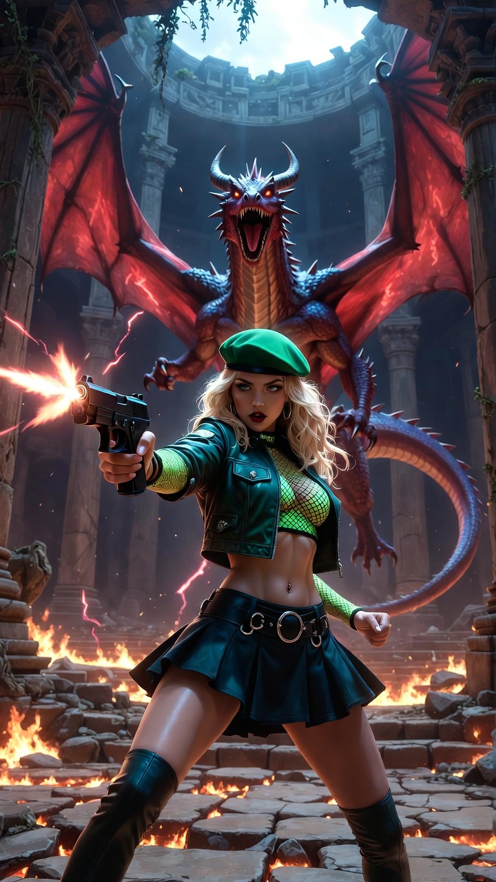 Dragon Hunter in Neon Combat Fantasy Temple