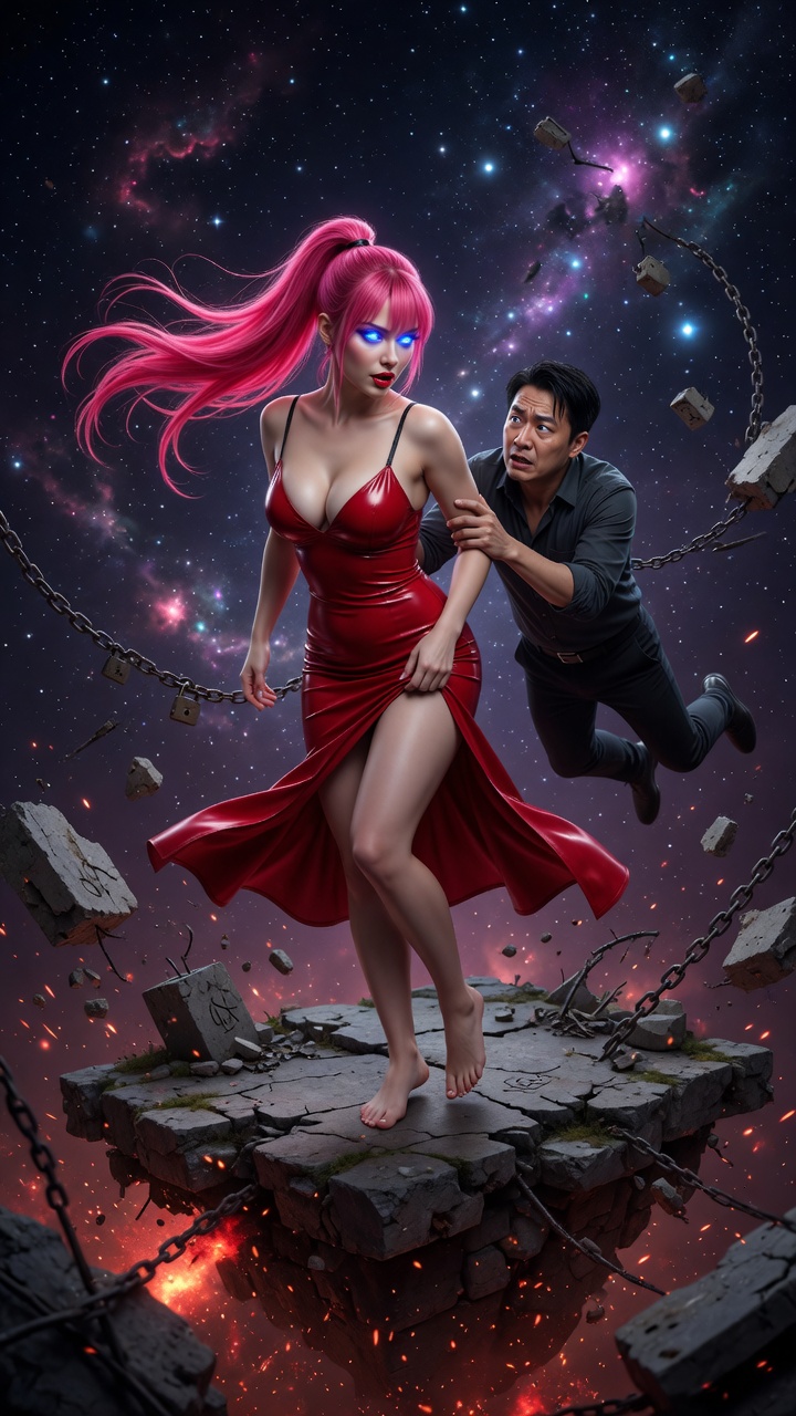 Pink-Haired Beauty in Red Latex Cosmic Peril