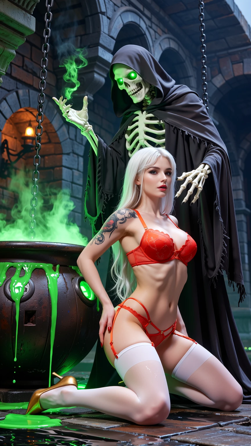 Blonde Seductress and Glowing Skeleton Necromancer