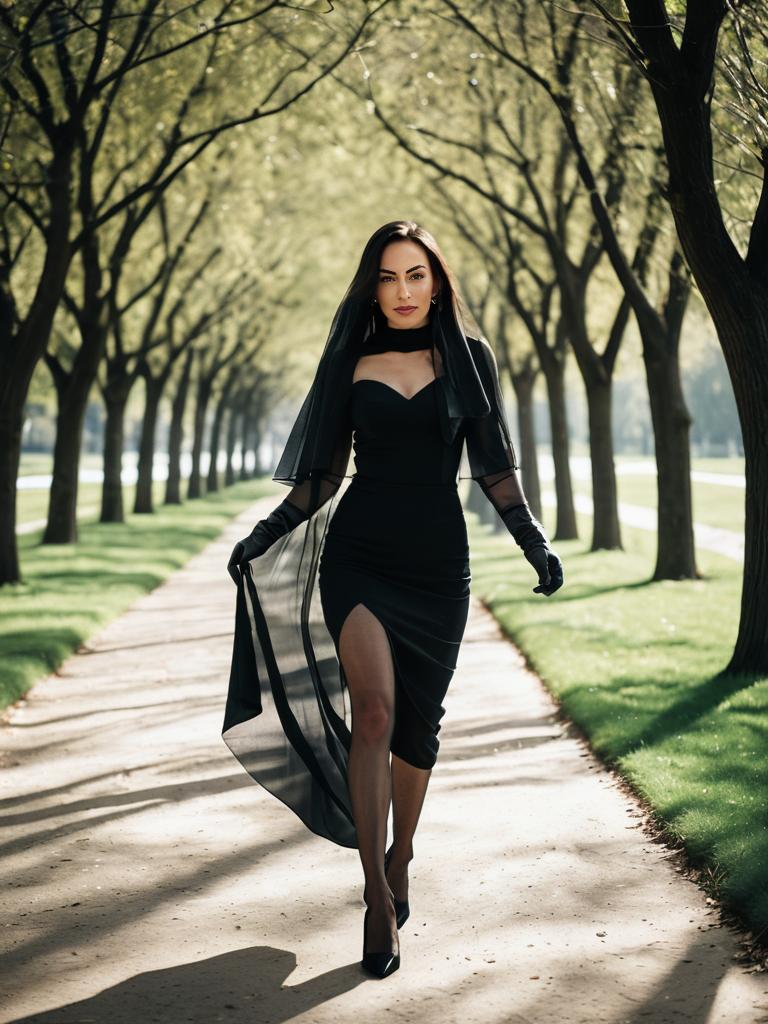 Elegant Brunette in Flowing Black Dress: Sunlit Park Stroll