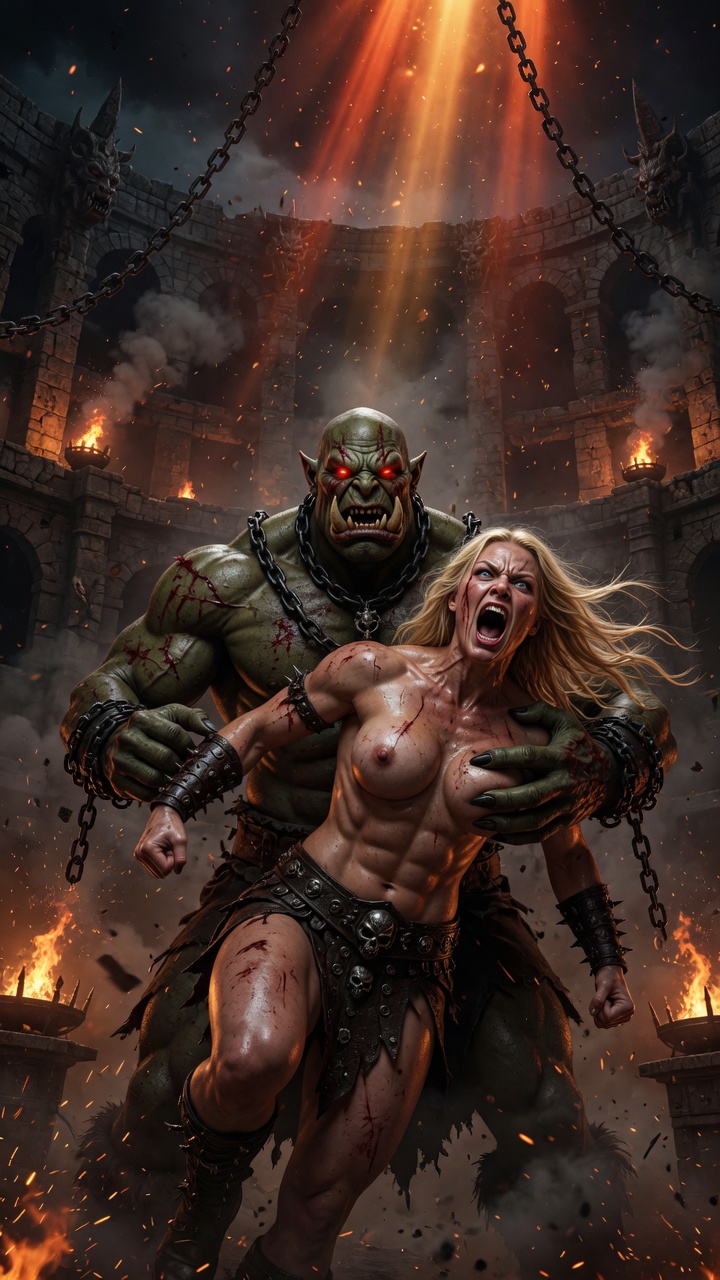 Massive Orc Crushes Blonde Warrior in Fiery Arena