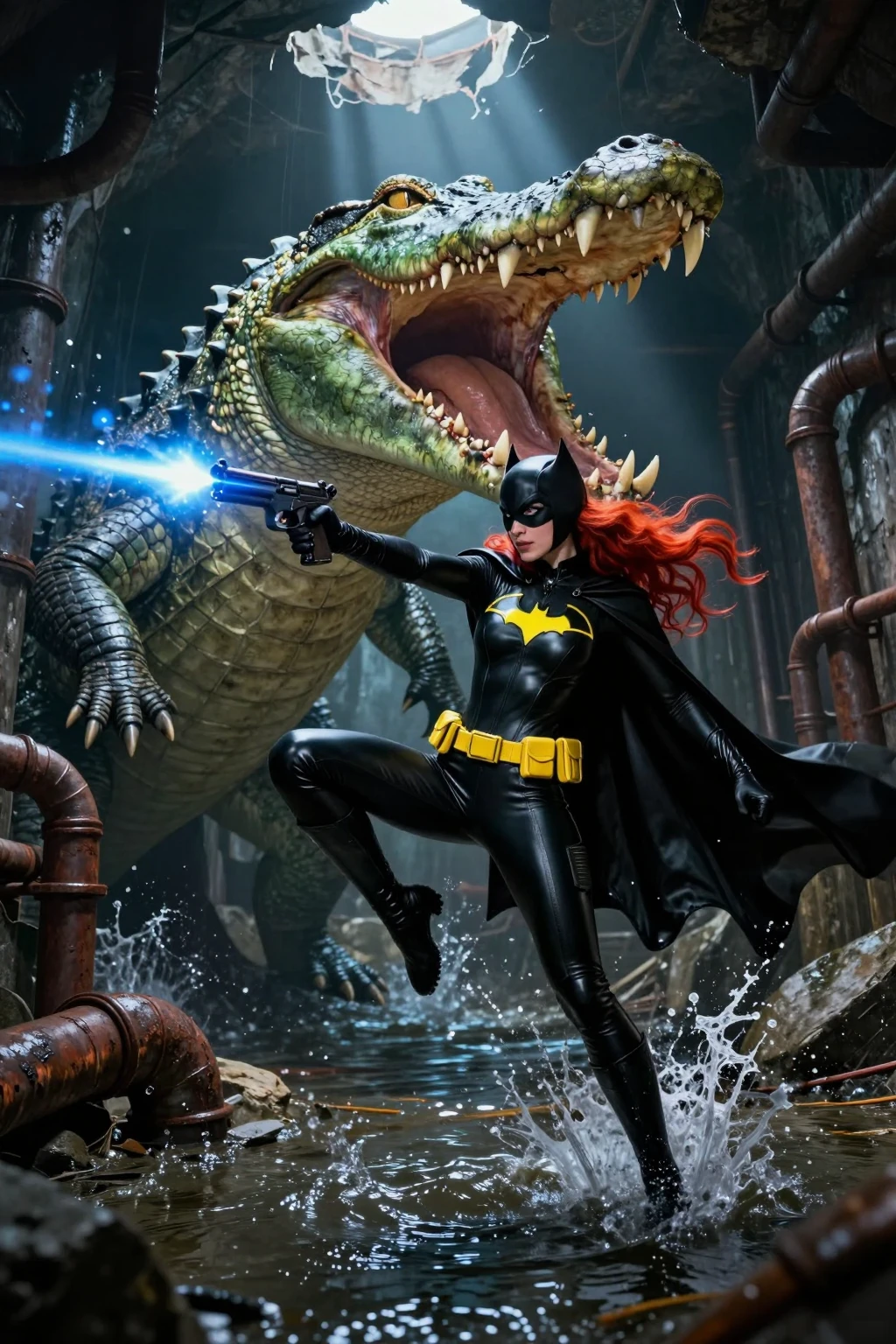 Batgirl vs Giant Crocodile in Sewer