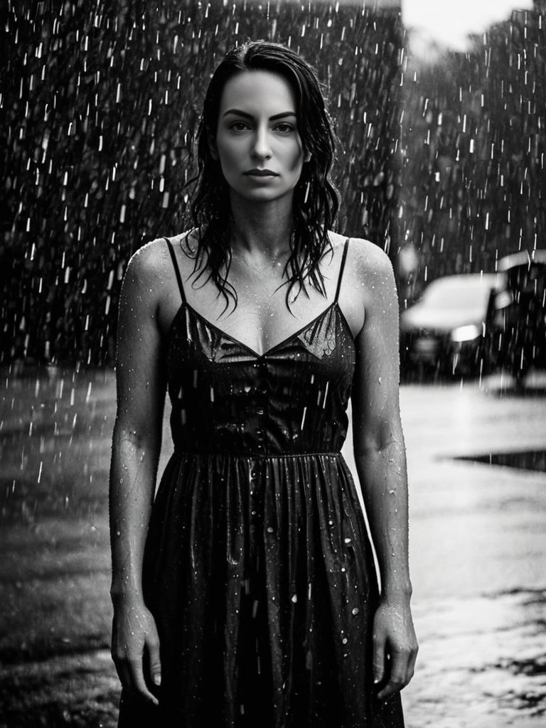 Brunette Drenched in Black Dress: Moody Rainy Night Portrait