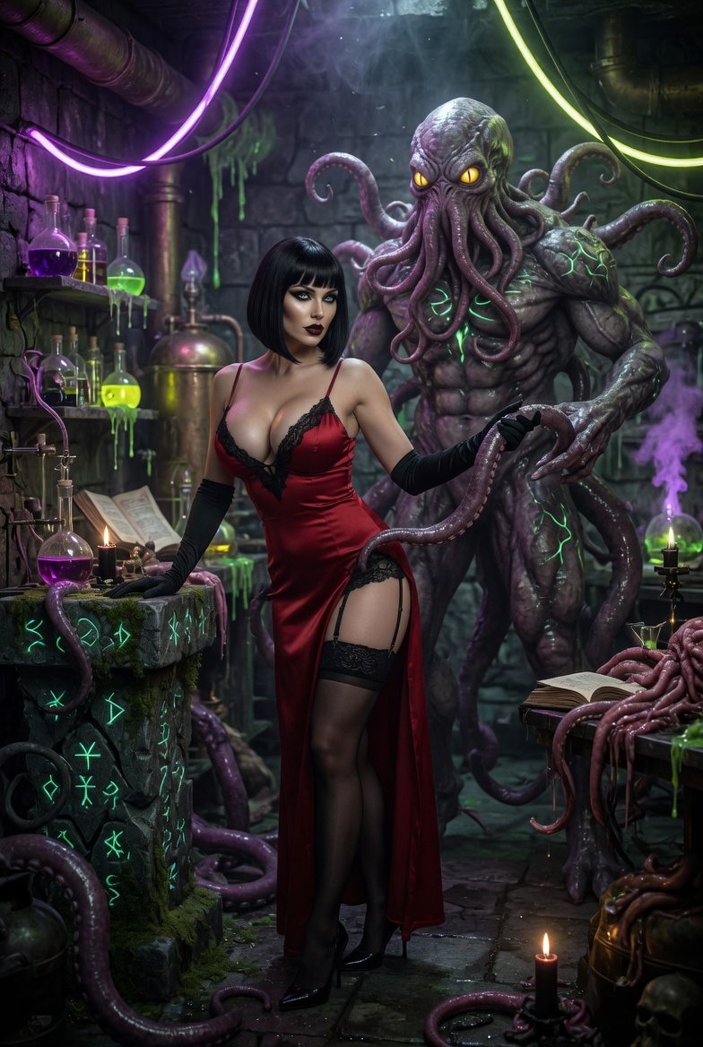 Seductive Brunette and Tentacle Monster in Dungeon