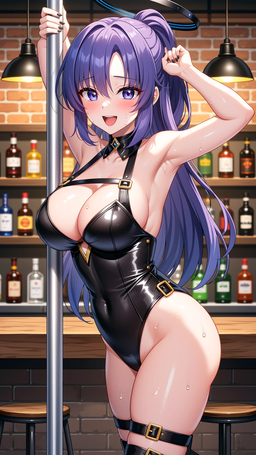 Purple Haired Anime Girl Pole Dancing in Bar