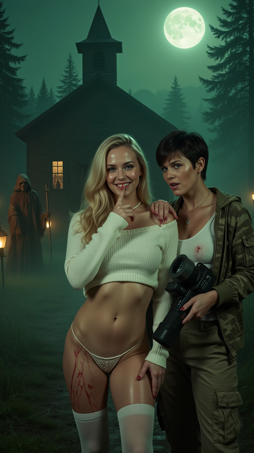 Blonde Horror Babe and Camerawoman in Fog