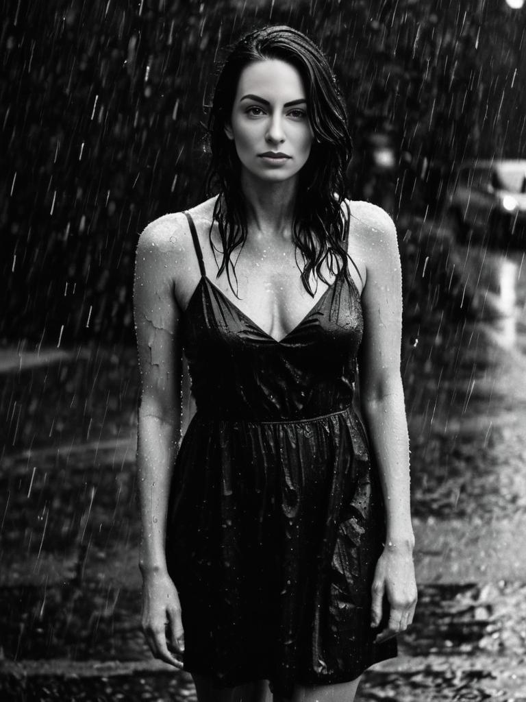 Brunette Drenched in Black Dress: Moody Rainy Night Portrait