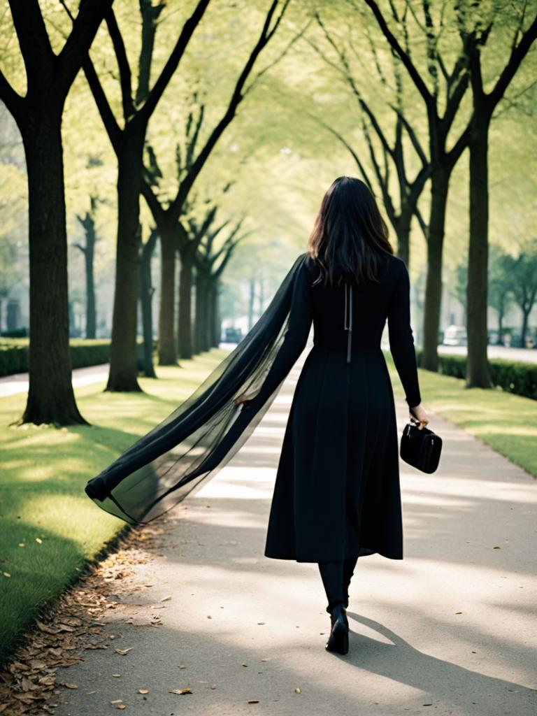 Elegant Brunette in Flowing Black Dress: Sunlit Park Stroll