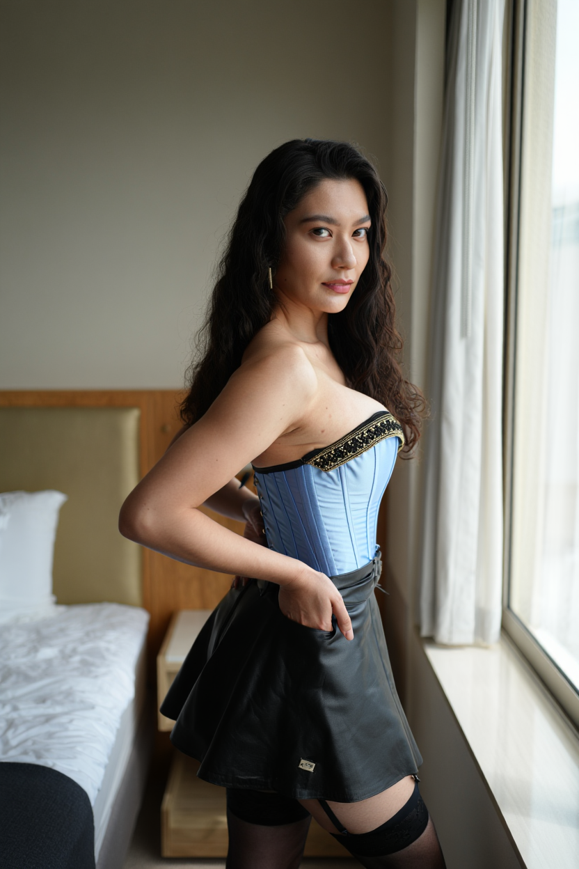 Modern Bedroom Seduction in Blue Corset and Skirt