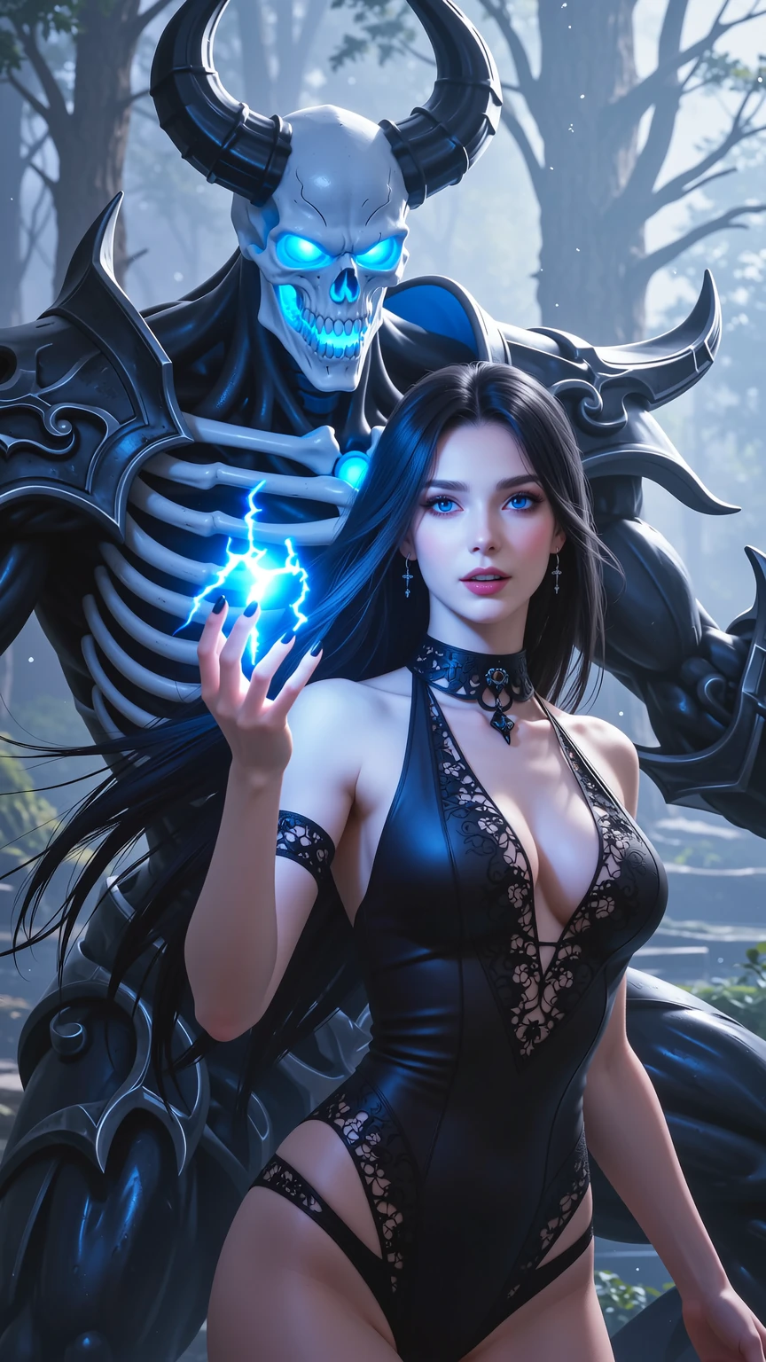 Dark Sorceress Commanding Lightning with Demonic Guardian