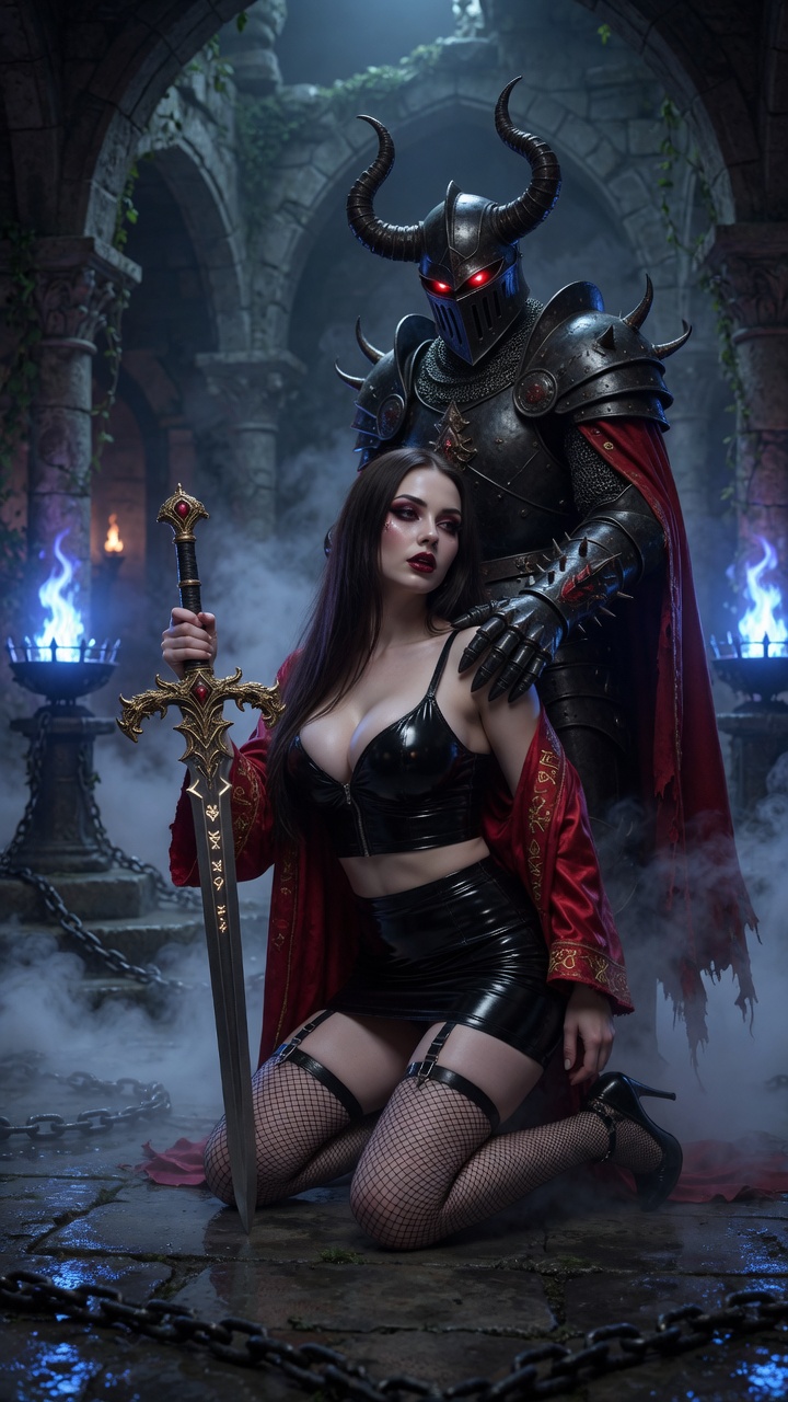 Kneeling Beauty with Horned Dark Knight