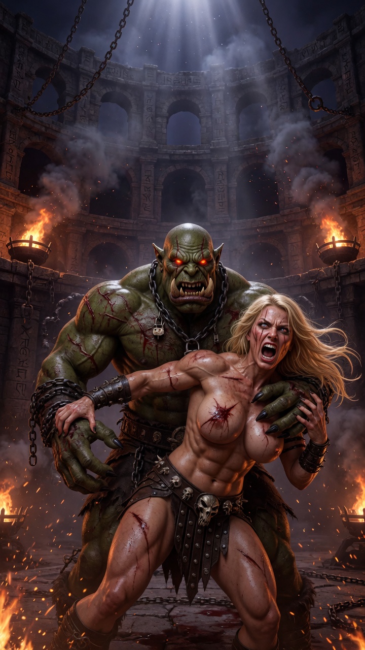 Massive Orc Crushes Blonde Warrior in Fiery Arena