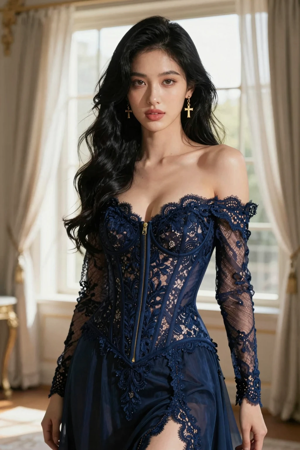 Elegant Brunette in Navy Lace Corset Sunlit Boudoir Fantasy Series
