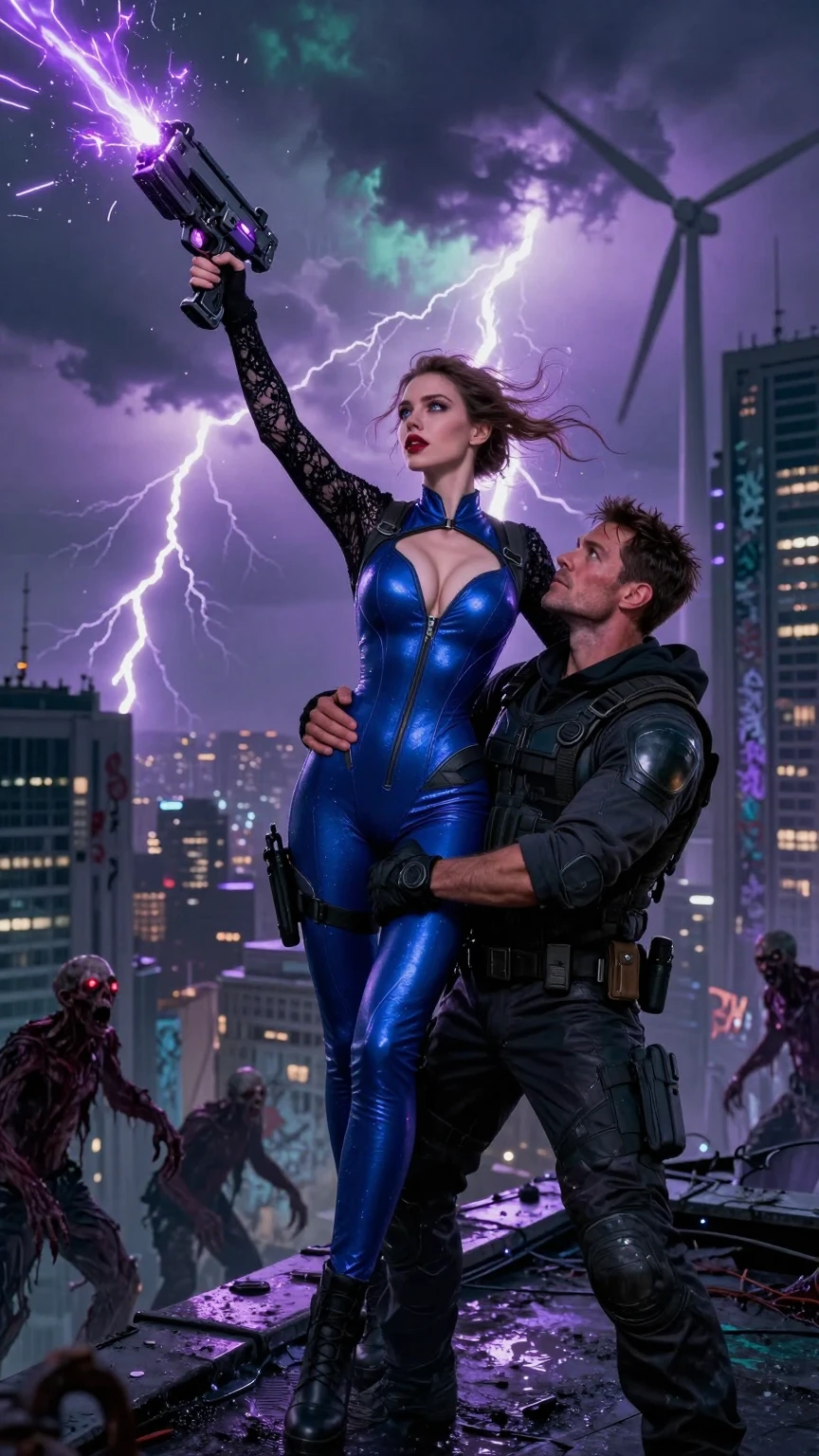 Blue Bodysuit Heroine Fights Zombies with Energy Gun
