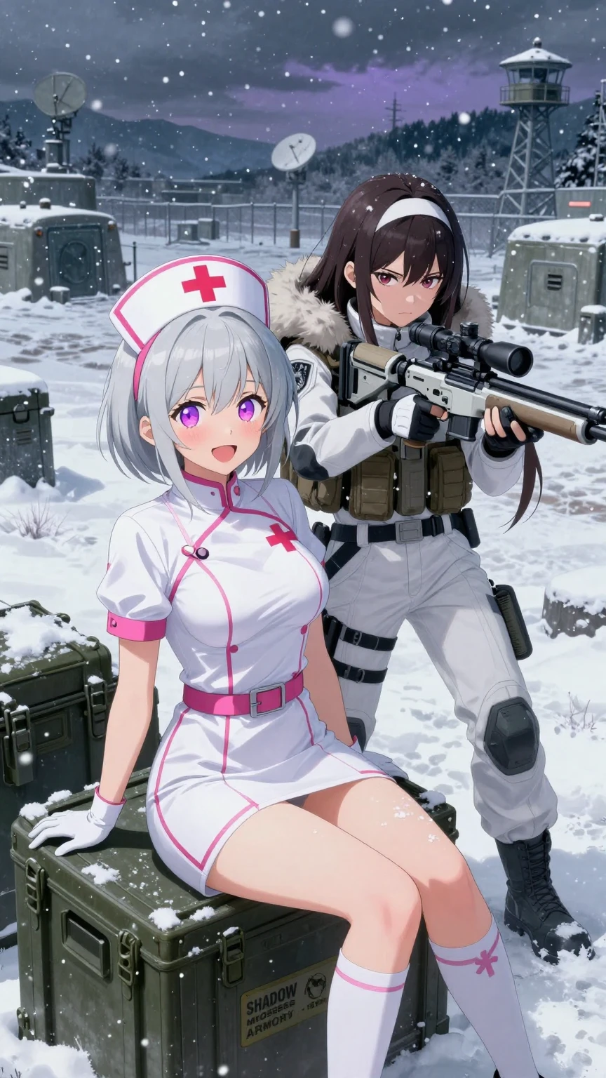 Nurse and Sniper Girls in Snowy Military Base
