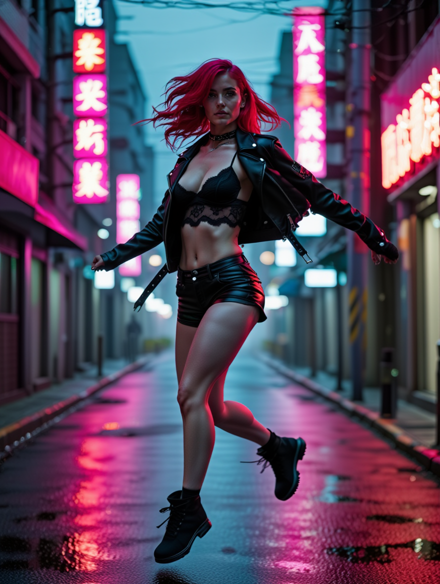 Neon Alley Cyberpunk Rebel Under Dystopian City Lights