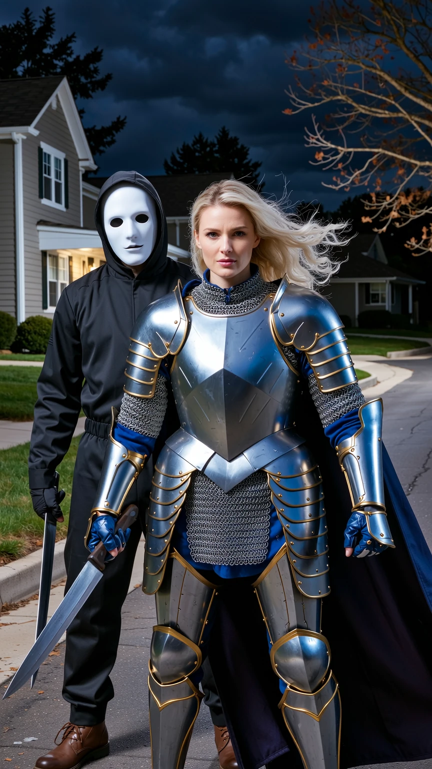 Blonde Knight Confronts Michael Myers in Suburbia