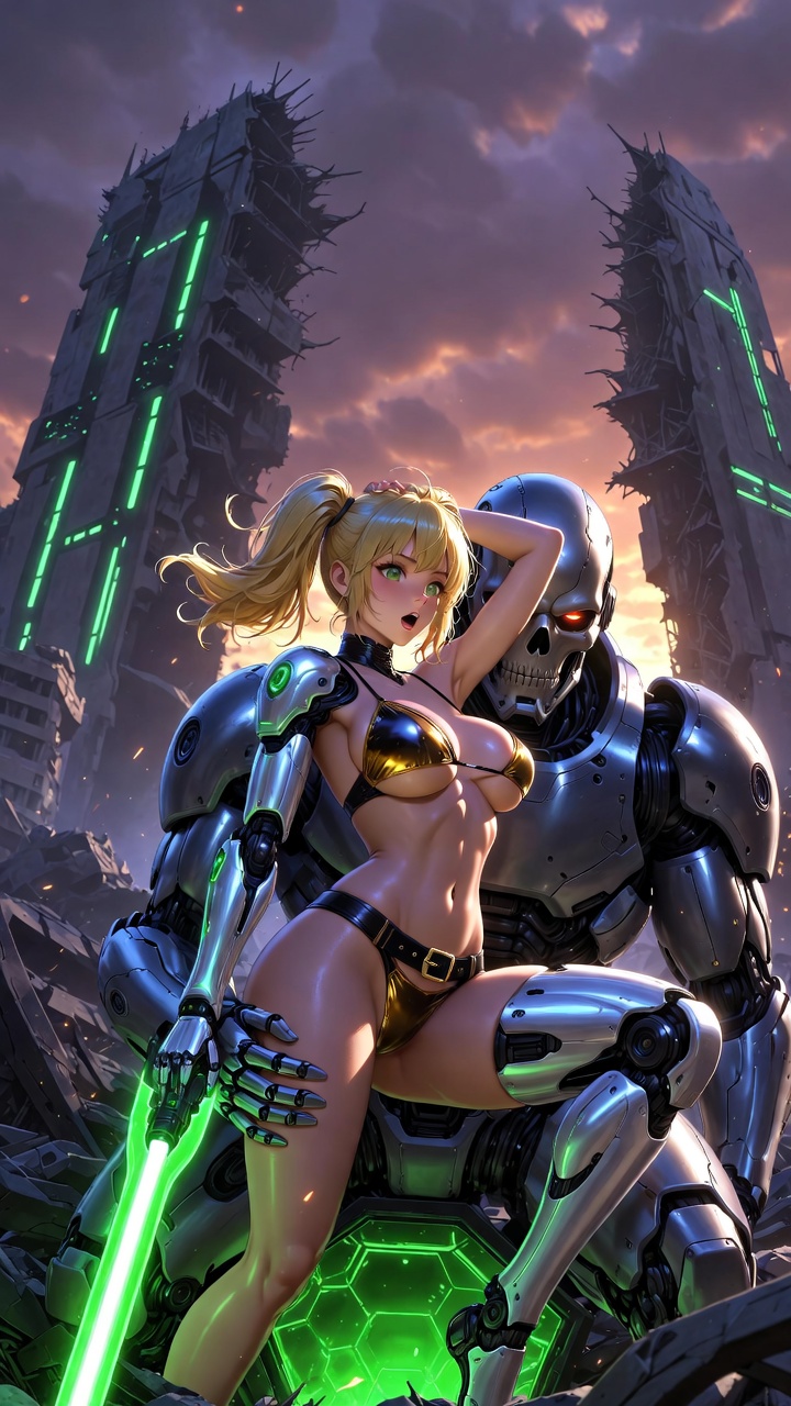 Seductive Blonde Cyborg and Neon Robot Guardian