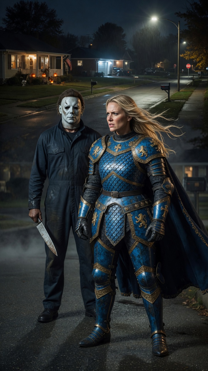 Blonde Knight Confronts Michael Myers in Suburbia