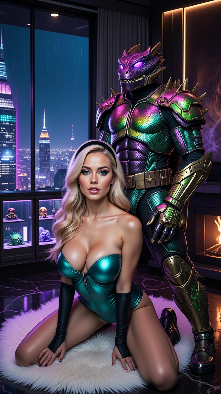 Turquoise Bombshell Kneeling Before Reptilian Cyber-Ninja