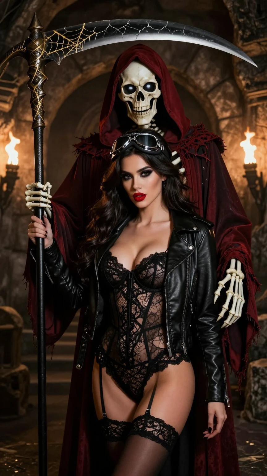 Brunette Seductress with Grim Reaper