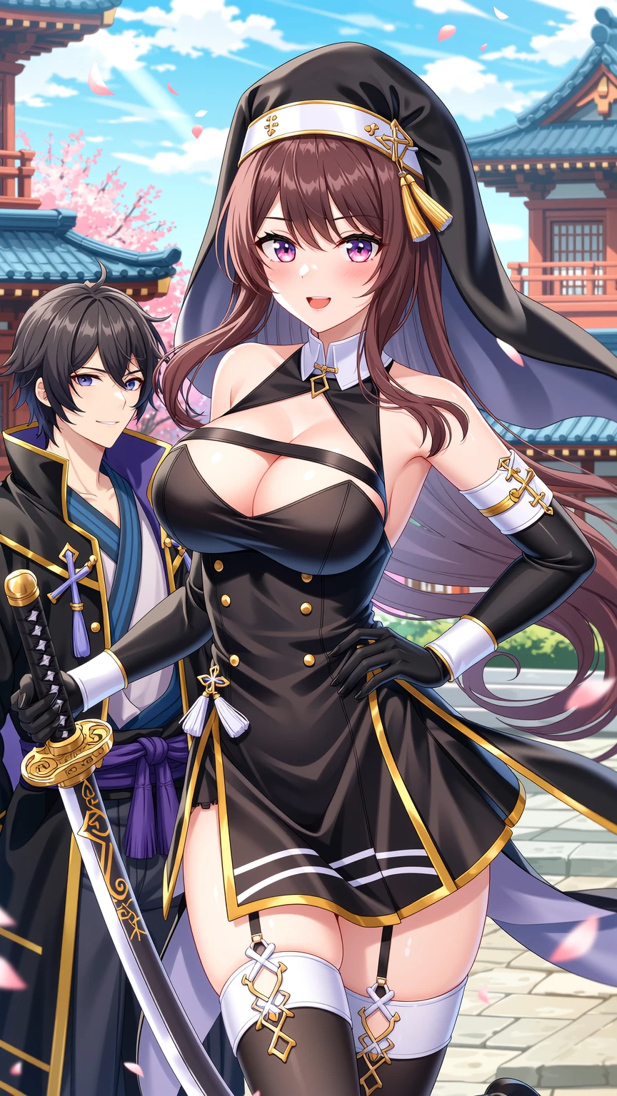 Seductive Nun and Samurai in Cherry Blossoms