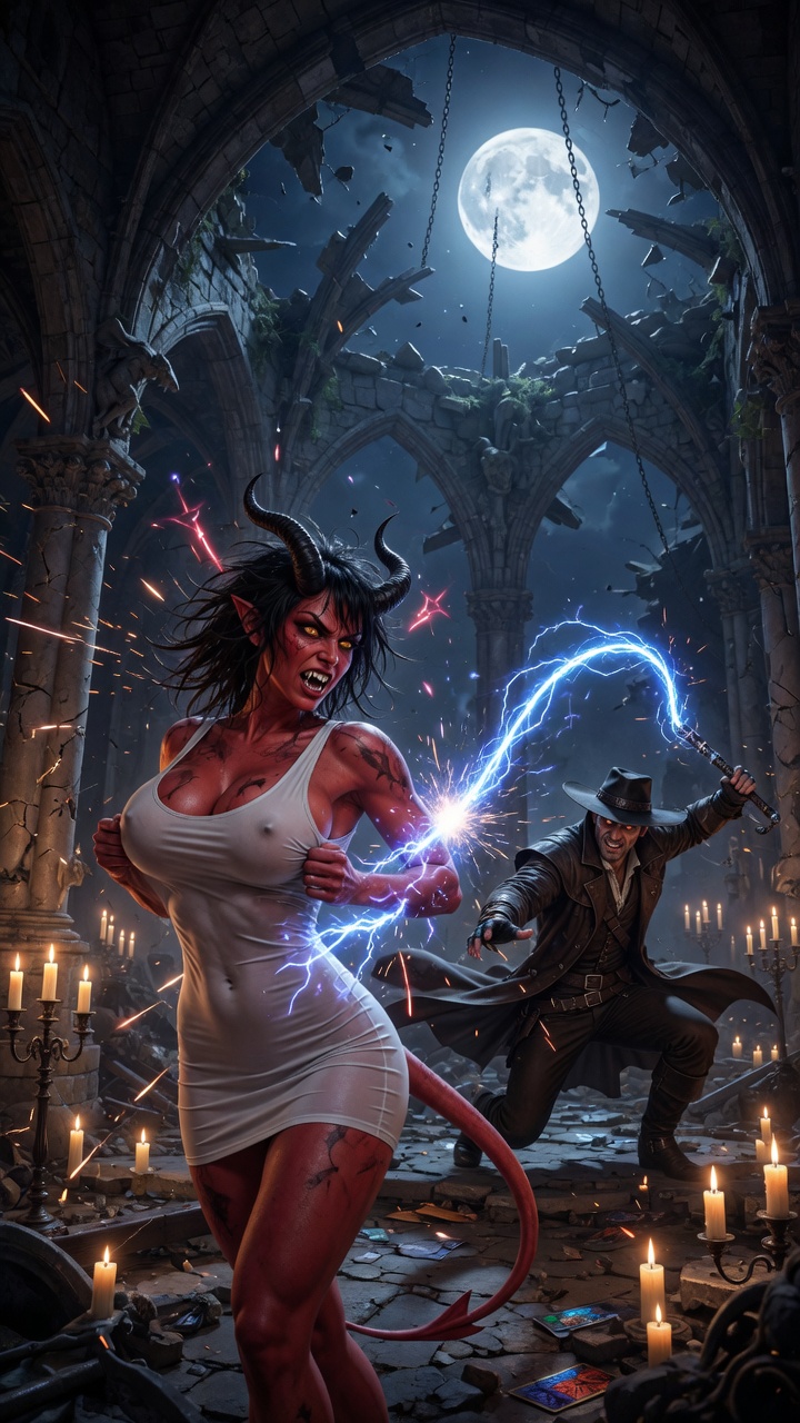 Demoness vs Vampire Hunter in Ruined Cathedral
