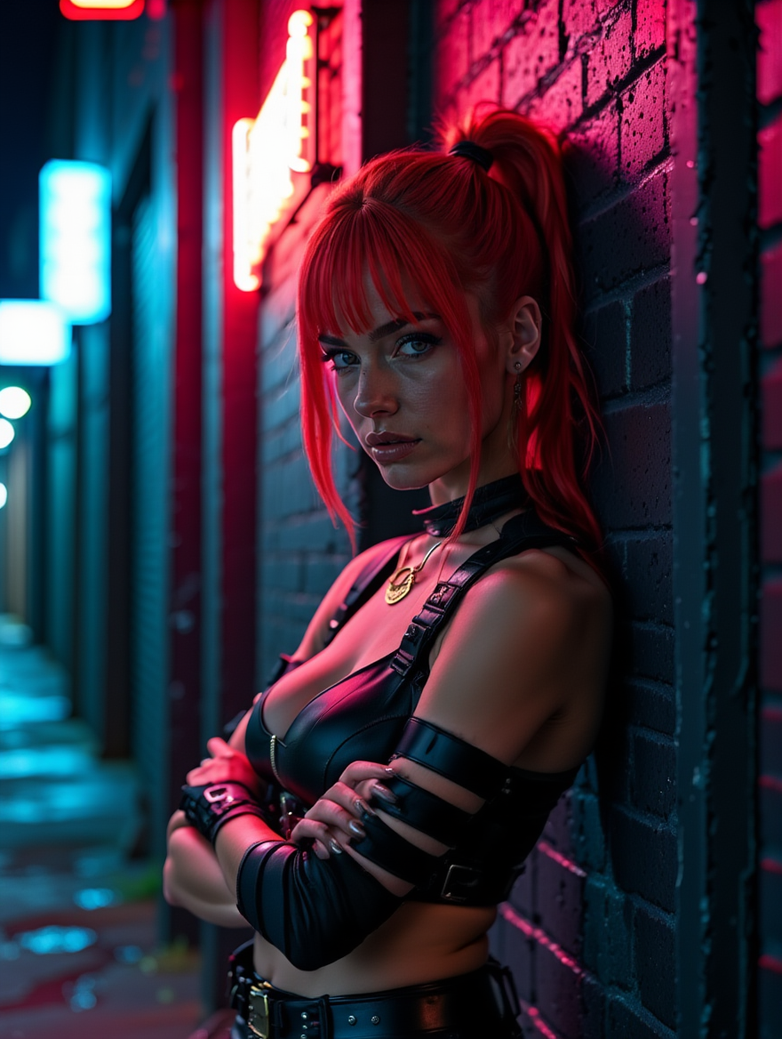 Neon Cyberpunk Street Warrior in Rain-Soaked City