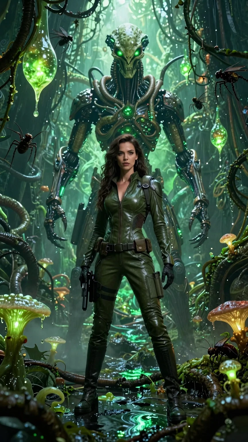 Alien Biomechanical Jungle Encounter With Futuristic Explorer